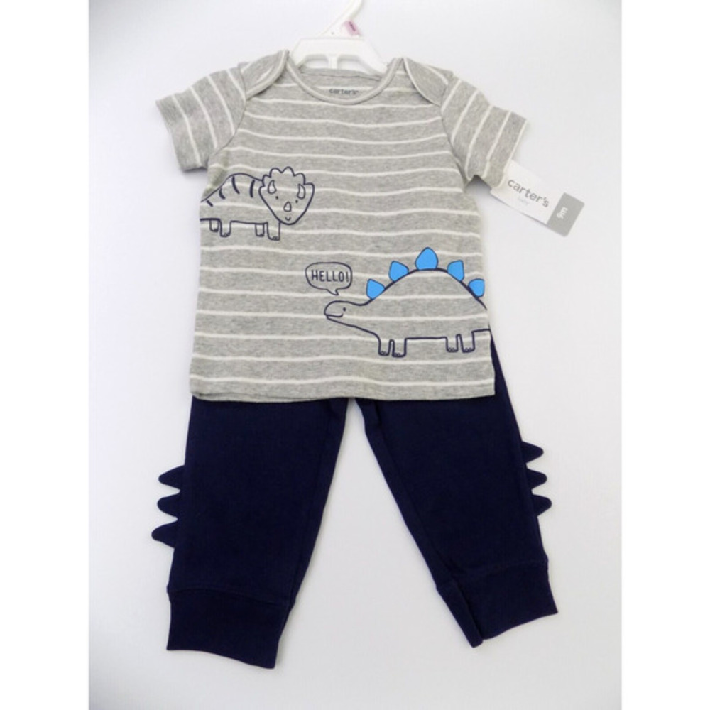 Carters Baby Boys 9M Dinosaur Striped T-Shirt and Spiked Pants Set Grey Navy
